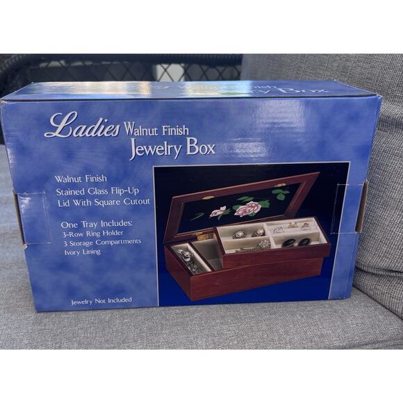 New Vintage Original Box Wood Walnut Finish Stained Glass 11x7 Jewelry Box Rose - Picture 3 of 6